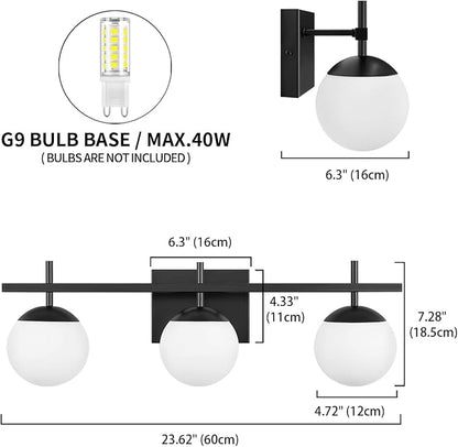 Modern Bathroom Light Fixtures Over Mirror, Black Vanity Lights Milky Glass Globe Bathroom Lighting Fixtures 3-Light Wall Sconces Light for Living Room Dining Room