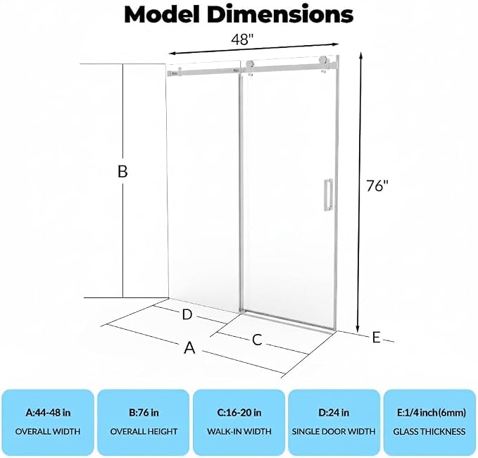 Sliding Shower Door, 44-48 inch W×76 inch H Glass Shower Door with Stainless Steel Frame, One Fixed One Sliding Panel, Brushed Finish, Ideal for Bathroom Tub