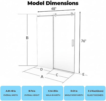 Sliding Shower Door 44–48 inch W × 76 inch H, Frameless Glass Shower Door with Square Stainless Steel Rail and 55mm Rollers, 6mm Tempered Glass, Compact Sliding Shower Doors for Small Bathroom Design