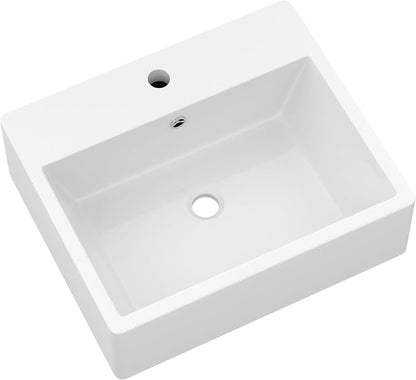 Wallmounted Bathroom Vessel Sink - 20"x17" Rectangular Floating Wall Hung Sinks Ceramic Wash Hand Basin White Wall Mount Vanity Sink for Mordern Bathroom