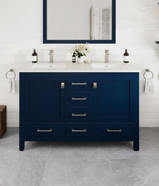 Eviva London 48 Inch Double Sink Vanity - Blue Double Vanity Sinks for Bathrooms - 48 Bathroom Vanity with Top and Sink - Freestanding 48 Vanity with Sink and Countertop Quartz - Porcelain Sink Combo