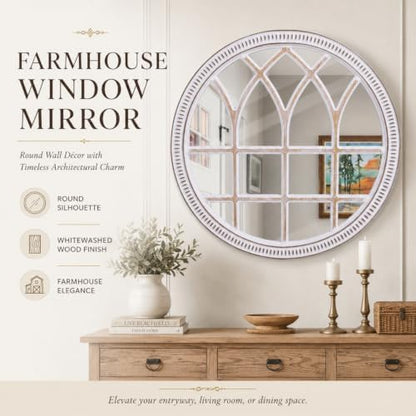 Round Window Mirror Wood 30 Inch Rustic Farmhouse Wall Mirrors for Entryway