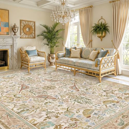 Washable Living Room Rug 8x10 - Country Style Beige Floral Area Rugs for Bedroom Under Bed, Dining Room Table Rug, Stain Resistant Non-Slip Neutral Farmhouse Décor with Light Blue and Green Accent