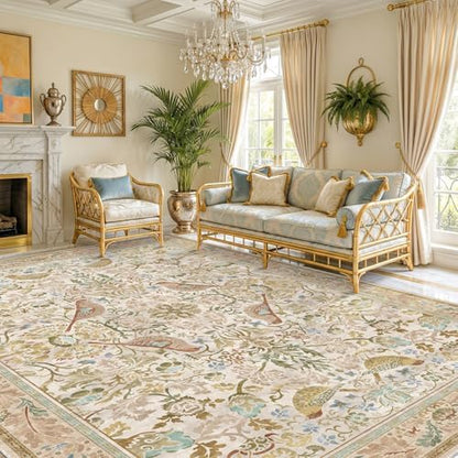 Washable Living Room Rug 8x10 - Country Style Beige Floral Area Rugs for Bedroom Under Bed, Dining Room Table Rug, Stain Resistant Non-Slip Neutral Farmhouse Décor with Light Blue and Green Accent