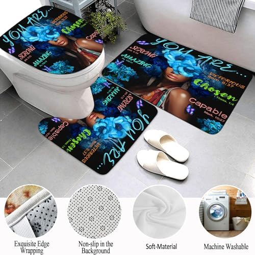 Black African Flower Woman Shower Curtain Set, Blue Art Words Bathroom Set with Shower Curtain and Rugs, Toilet Lid Cover, Bath Mat,Waterproof Fabric Shower Curtains and Hooks for Bathroom