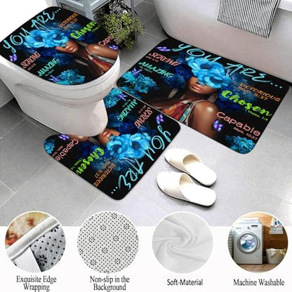 Black African Flower Woman Shower Curtain Set, Blue Art Words Bathroom Set with Shower Curtain and Rugs, Toilet Lid Cover, Bath Mat,Waterproof Fabric Shower Curtains and Hooks for Bathroom