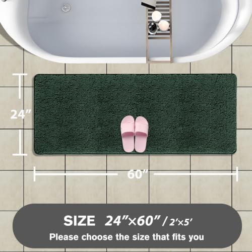 Bathroom Runner Rug 24 x 60 Inch – Extra Large Long Bath Mat | Absorbent and Washable Thick Chenille Bath Rug Non-Slip Runner Rug for Bathroom, Shower, Sink(Dark Green)