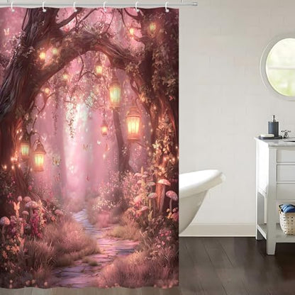 Fantasy Forest Path Shower Curtain Pink Fairy Magical Enchanted Misty Jungle Mushroom Floral Tree Butterfly Lantern Wonderland Bath Curtain Fabric Bathroom Accessories Decor with Hooks 47W x70L