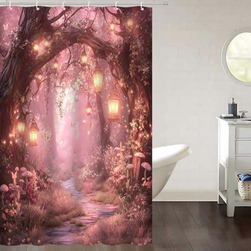 Fantasy Forest Path Shower Curtain Pink Fairy Magical Enchanted Misty Jungle Mushroom Floral Tree Butterfly Lantern Wonderland Bath Curtain Fabric Bathroom Accessories Decor with Hooks 35W x70L