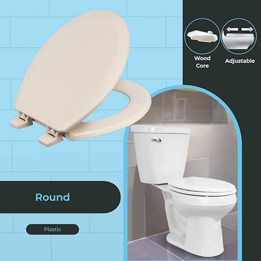 Centoco Round Toilet Seat, Heavy-Duty Wood Core with Plastic Scratch-Resistant Finish, Residential, Made in the USA, 700-106, Bone