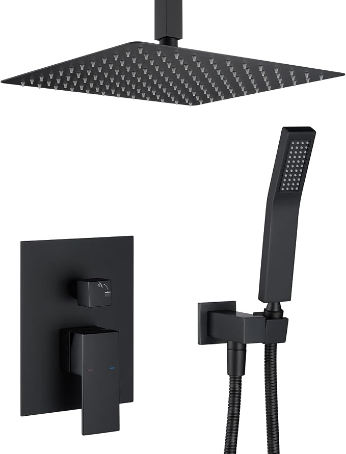 Shower System 12 Inches Rain Shower Combo Set Black Ceiling Mount Shower Faucet Bathroom Faucets with Rainfall Shower Head and Hand Shower