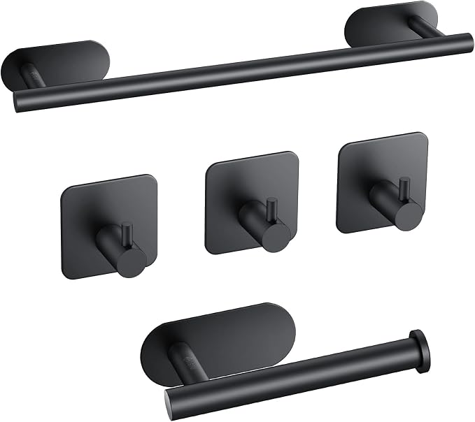 JiGiU 16-Inch Towel Bar, Self Adhesive Bath Hardware Set Bathroom Towel Holder with Toilet Paper Holder & 3 Packs Towel Hooks Stainless Steel Bathroom Hardware Accessory Kit, No Drilling-Black | Wall Mounted Towel Holder, Bathroom Accessories, Stainles...