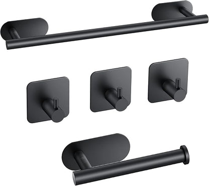 JiGiU 16-Inch Towel Bar, Self Adhesive Bath Hardware Set Bathroom Towel Holder with Toilet Paper Holder & 3 Packs Towel Hooks Stainless Steel Bathroom Hardware Accessory Kit, No Drilling-Black | Wall Mounted Towel Holder, Bathroom Accessories, Stainles...