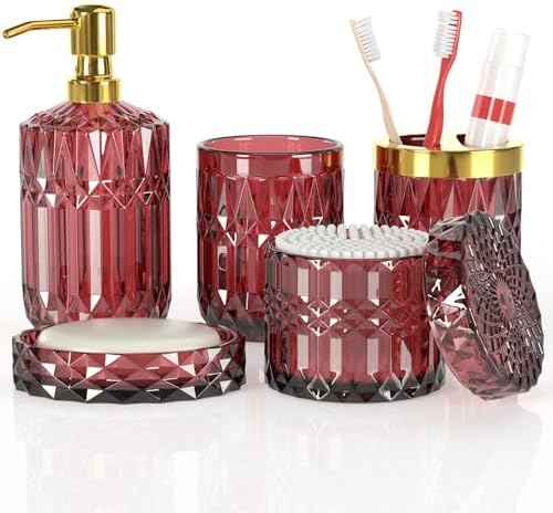Red Bathroom Accessories Set, Glass Soap Dispenser Set with Rust Proof Stainless Steel Pump, Soap Holder, Toothbrush Holder, Tumbler, Cotton Swab Jars, Wine Red Bathroom Set Bathroom Decor Sets Gift