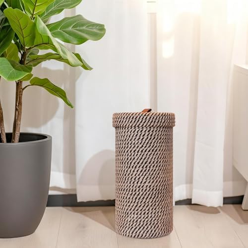 Handmade Cotton & Jute Toilet Paper Holder – Woven Toilet Paper Stand & Storage Basket with Lid, Freestanding Organizer for Bathroom, Fits 3 Mega Rolls 14" x 7''