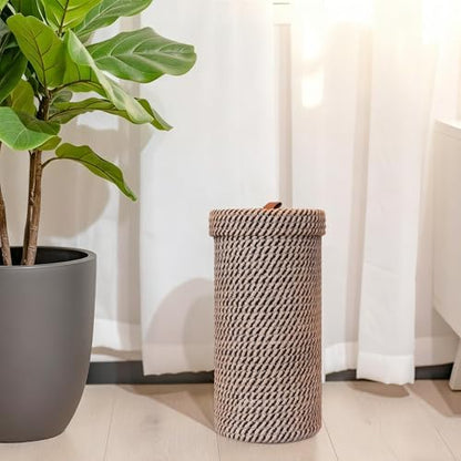 Handmade Cotton & Jute Toilet Paper Holder – Woven Toilet Paper Stand & Storage Basket with Lid, Freestanding Organizer for Bathroom, Fits 3 Mega Rolls 14" x 7''