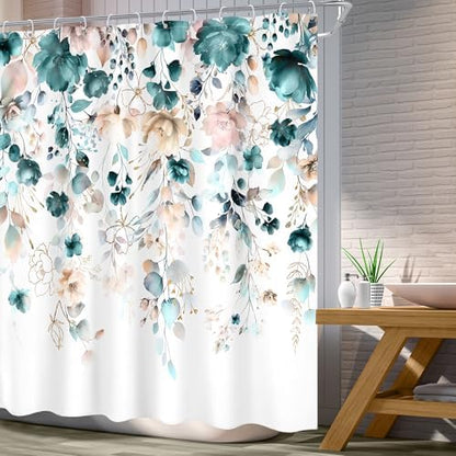 Floral Teal Green Eucalyptus Leaf Rustic Bathroom Shower Curtain Set