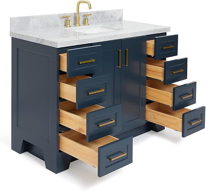 Emilia 48-Inch Bathroom Vanity with Sink — Midnight Blue Single Sink Bathroom Vanity, 1.5" Edge Italian Carrara Marble Top, Solid Wood, 2 Soft Closing Doors, 9 Dovetail Drawers