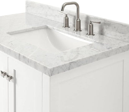 ARIEL Cambridge 36-inch Bathroom Vanity with Sink,Solid Wood, 1.5-inch Italian Carrara Marble Countertop, Single Rectangular Porcelain Sink, 2 Soft Closing Doors, 5 Dovetail Drawers, White