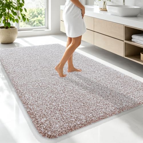 OLANLY Microfiber Bathroom Rugs 70x46, Quick Dry Bath Mat, Mocha and White