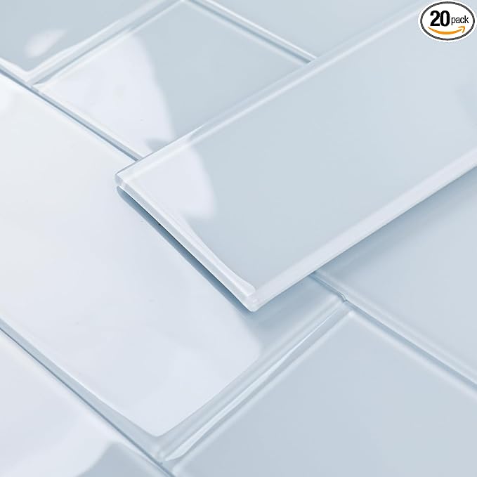 Peel and Stick Glass Subway Tiles, Light Blue, 3x12 Inch, Glass Backsplash for Kitchen Bathroom Wall Tiles, Pack of 20 Pieces