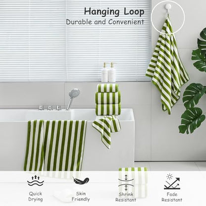 18 Pcs Green Stripe Bath Towel Set with Hanging Loop-6 Bath Towels,6 Hand Towels,6 Washcloths Soft Family Towels Set Bathroom Towel Highly Absorbent Quick Dry Shower Towel for Beach Spa Gym Hotel