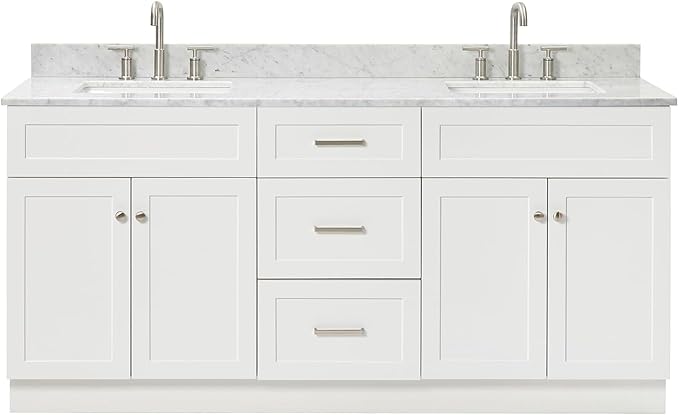 ARIEL Hamlet 72-inch Bathroom Vanity with Sink,Solid Wood, 0.75-inch Italian Carrara Marble Countertop & Backsplash, Double Oval Sink, 4 Soft Closing Doors, 3 Dovetail Drawers, White