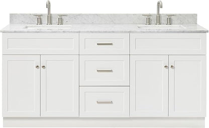 ARIEL Hamlet 72-inch Bathroom Vanity with Sink,Solid Wood, 0.75-inch Italian Carrara Marble Countertop & Backsplash, Double Oval Sink, 4 Soft Closing Doors, 3 Dovetail Drawers, White