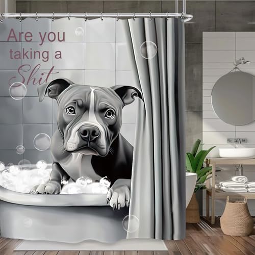 Funny Dog Shower Curtain 60Wx72L Inch Bulldog Hilarious Pet Animal Interesting Cute Bathroom Set Accessories Decor with 12 Pack Hooks