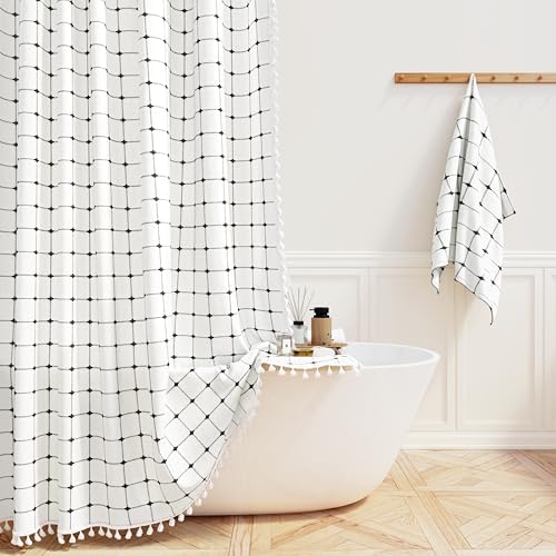 BTTN Stall Boho Farmhouse Linen Shower Curtain Set, 36x72, White and Black