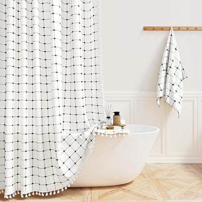 BTTN Stall Boho Farmhouse Linen Shower Curtain Set, 36x72, White and Black