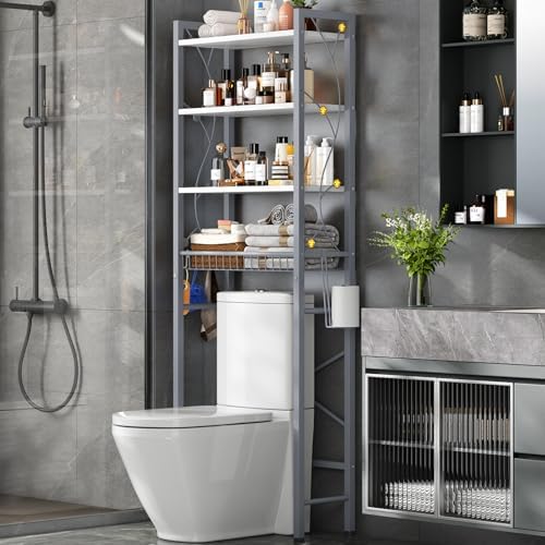 Over-The-Toilet Storage Rack, 4-Tier Bathroom Organizer Shelf Over Toilet with Adjustable Shelf and Basket, Freestanding Space Saver Bathroom Shelves Above Toilet for Room (Gray White)