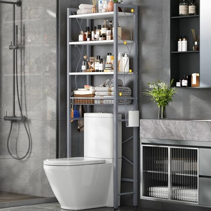 Over-The-Toilet Storage Rack, 4-Tier Bathroom Organizer Shelf Over Toilet with Adjustable Shelf and Basket, Freestanding Space Saver Bathroom Shelves Above Toilet for Room (Gray White)
