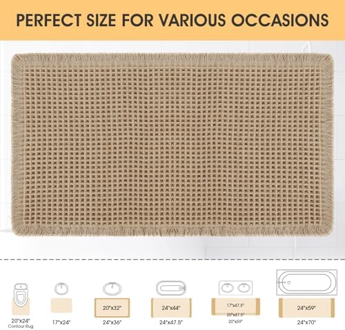 IM HOME Waffle Bath Mat Beige 36"x24", Boho Woven Modern Bath Mat Rugs, Absorbent Non Slip Bathroom Rugs, Soft Washable Bath Rugs with Tassels for Bathroom, Bedroom, Kitchen, Shower, Tub