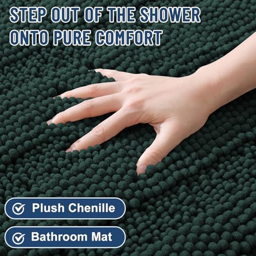 Grandaily Chenille Striped Bathroom Rugs 30x20, Extra Thick and Absorbent Bath Mats, Non-Slip Soft Plush Shaggy Shower Carpet, Machine Wash Dry, Bath Rug for Bathroom, (Medium, Dark Green)