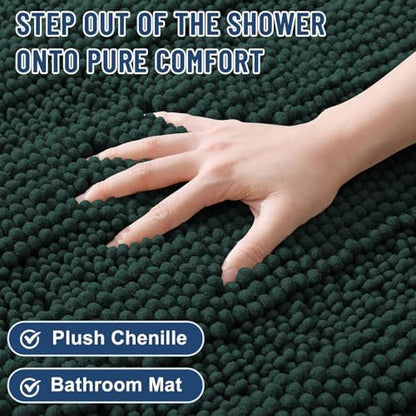 Grandaily Chenille Striped Bathroom Rugs 30x20, Extra Thick and Absorbent Bath Mats, Non-Slip Soft Plush Shaggy Shower Carpet, Machine Wash Dry, Bath Rug for Bathroom, (Medium, Dark Green)