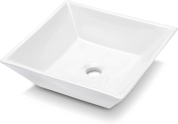 Square Bathroom Vessel Sink | Beslend 16"x16" Inch White Ceramic Porcelain Sink Above Counter Art Sink Basin