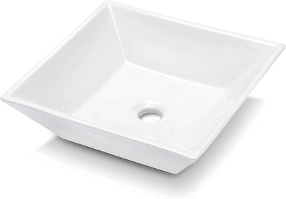 Square Bathroom Vessel Sink | Beslend 16"x16" Inch White Ceramic Porcelain Sink Above Counter Art Sink Basin