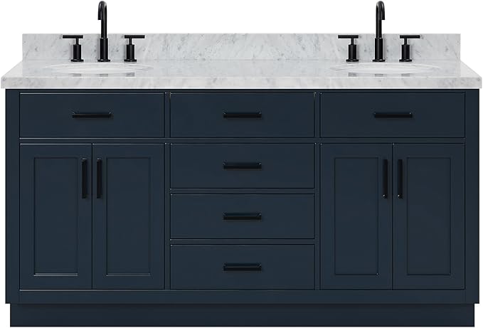 ARIEL Hepburn 66-inch Bathroom Vanity with Sink,Solid Wood, 1.5-inch Italian Carrara Marble Countertop, Double Oval Porcelain Sink, 4 Soft Closing Doors, 6 Dovetail Drawers, Midnight Blue