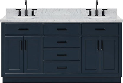 ARIEL Hepburn 66-inch Bathroom Vanity with Sink,Solid Wood, 1.5-inch Italian Carrara Marble Countertop, Double Oval Porcelain Sink, 4 Soft Closing Doors, 6 Dovetail Drawers, Midnight Blue