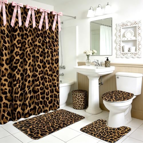 AnyDesign 28 Pcs Leopard Shower Curtain Set with Non-Slip Bath Mat U-Shaped Rug Toilet Lid Cover Cheetah Print Shower Curtain with Hooks and Pink Ribbons for Bathroom Accessories & Decor