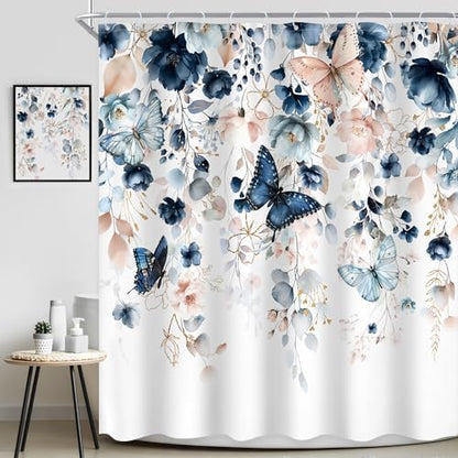 Extra Long Blue Pink Floral Butterfly Bathroom Shower Curtain Set
