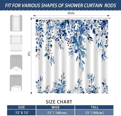 Eucalyptus Shower Curtain, Abstract Aesthetic Art Watercolor Plant Leaves with Floral Bathroom Decor, Waterproof Fabric Cloth Bath Curtain Set with Hooks (Dark Blue, 72x72 Inches)