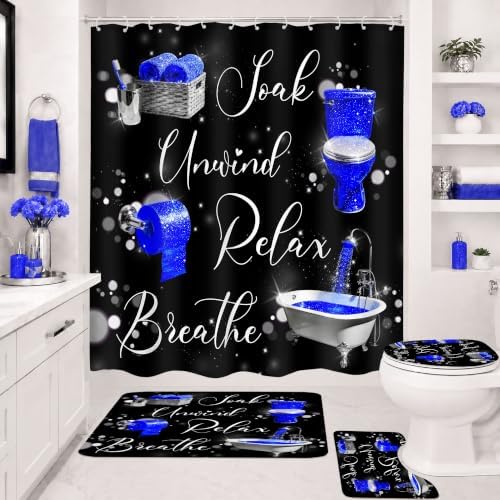 Blue Fashion Funny Quotes Modern 4Pcs Bathroom Shower Curtain Set with Rugs