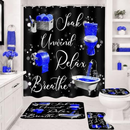 Blue Fashion Funny Quotes Modern 4Pcs Bathroom Shower Curtain Set with Rugs