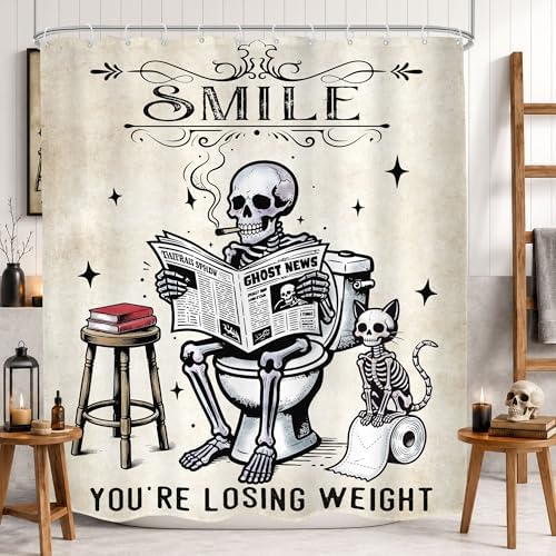 Halloween Skull Spooky Cat Skeleton Gothic Cool Bathroom Shower Curtain Set