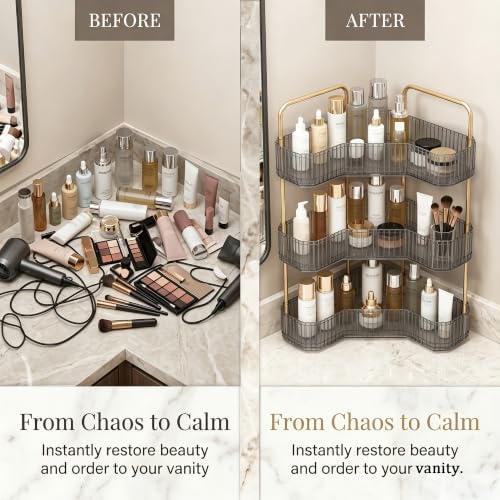 3-Tier Corner Bathroom Organizer, Skincare Vanity Counter Shelf Grey
