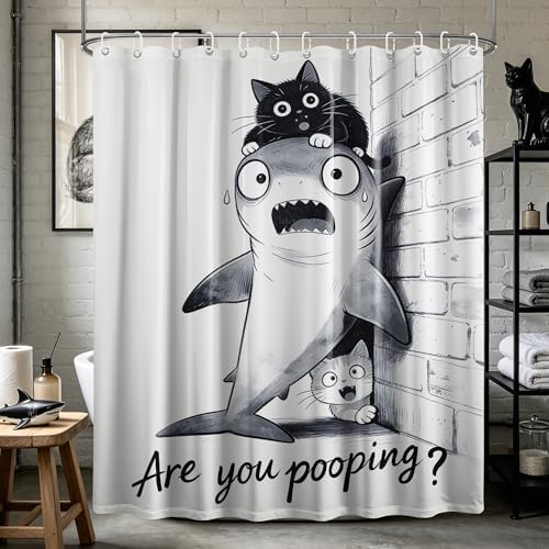 Extra Tall Shower Curtain XL Fun Cat Riding Shark, 70 x 78 Inchs
