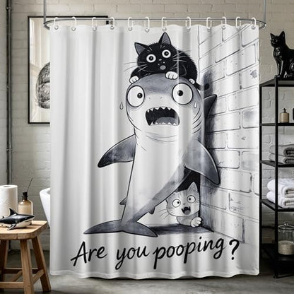 Black Cat Riding Shark Shower Curtain Cool Teen, 70x72 Inchs