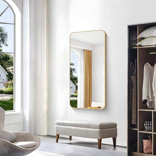 Gold Bathroom Mirror,24x48 inch Wall Mirror for Bathroom Wall Mounted,Round Rectangle Mirror for Bathroom Over Sink,Modern Frame for Home Decor Living Room,Bedroom Entryway,Horizontal/Vertical
